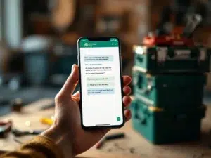 Handen houden smartphone met WhatsApp educatieve quiz op werkbank met gereedschapskisten op achtergrond