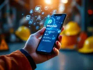 Handen houden smartphone met WhatsApp veiligheidstraining modules die als hologrammen boven scherm zweven