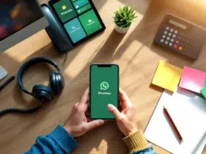 Moderne bureauopstelling met smartphone met WhatsApp, tablet, koptelefoon en communicatietools in blauw-groene kleuren