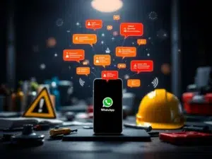 Smartphone met WhatsApp veiligheidsnotificaties op bureau met helm, waarschuwingsborden en gereedschapskist