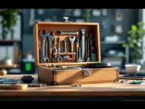 Professionele houten gereedschapskist met georganiseerde vakken vol gereedschap op moderne werkplek met warme verlichting