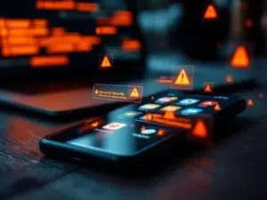Smartphone met beveiligingsapp-iconen en rode waarschuwingssymbolen op donker houten bureau, laptop met alerts op achtergrond