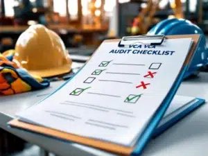 VCA audit checklist met groene vinkjes en rode kruisjes, veiligheidshelm en hesje op bureau, bouwplaats op achtergrond