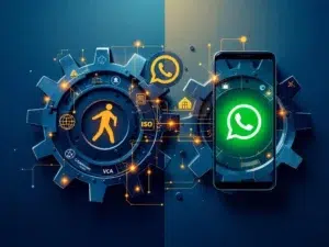 Twee industriële tandwielen met VCA- en ISO-certificeringssymbolen verbonden met WhatsApp-interface via gouden lijnen