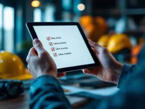 Handen die tablet vasthouden met afgevinkte veiligheidscontrolelijst op bureau met veiligheidsuitrusting op achtergrond