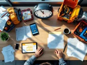 Bovenaanzicht van modern bureau met veiligheidsdocumenten, tablets met checklists, gereedschapskisten en klok met tijdsegmenten