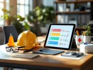 Moderne kantoorwerkplek met veiligheidsuitrusting, tablet met veiligheidschecklists en ergonomische tools op houten bureau