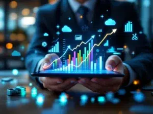 Handen houden tablet met veiligheidsanalytics dashboard en holografische datavisualisatie in moderne kantooromgeving