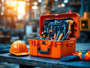 Oranje veiligheidsgereedschapskist met industriële gereedschappen op bouwplaats, VCA-helm en hesje ernaast