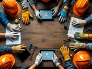 Diverse werknemers in veiligheidshelmen rond tafel met veiligheidstraining materialen en digitale tablets