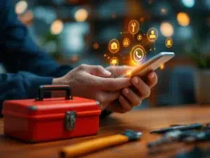 Handen houden smartphone met WhatsApp-interface, holografische veiligheidspictogrammen en gereedschapskist op bureau