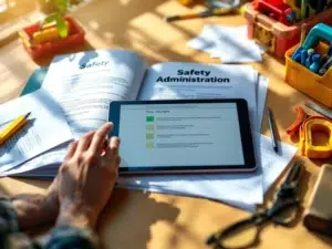 Moderne kantoorwerkplek met veiligheidsadministratie map, tablet met digitale formulieren en kleurrijke gereedschapskisten