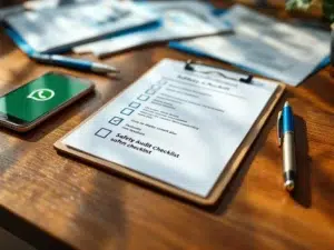 Klembord met veiligheidschecklist op houten bureau naast smartphone met WhatsApp en documenten voor digitaal leren
