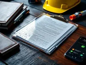 Waterdichte map met veiligheidsdocumenten op houten bureau naast smartphone met WhatsApp en gele bouwhelm op achtergrond