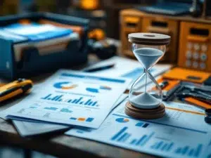 Zandloper op georganiseerd kantoorbureau met compliance documenten, tablet met veiligheidschema's en archiefsysteem