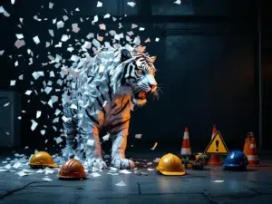 Papieren tijger lost op in witte papieren tegen donkere achtergrond, met stevige stalen veiligheidsuitrusting op voorgrond