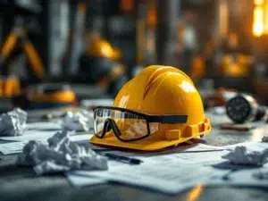 Gele bouwhelm en veiligheidsbril op bouwtafel met verkreukelde veiligheidsinstructies en gereedschap op achtergrond