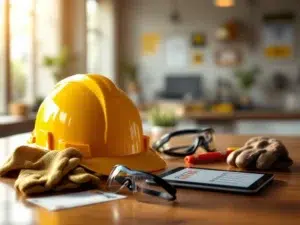 Gele bouwhelm op houten tafel met veiligheidsbril, handschoenen en tablet met veiligheidslijsten in modern kantoor