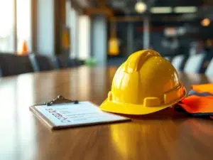 Gele veiligheidshelm en oranje hesje op houten tafel met veiligheidschecklist voor werkplektraining