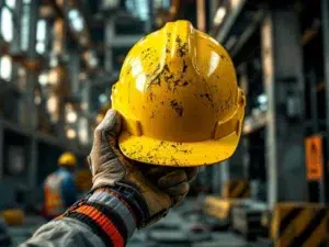 Verweerde handen houden gele veiligheidshelm en oranje hesje vast op bouwplaats met staalconstructies op achtergrond