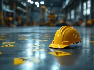 Gele veiligheidshelm naast vervaagde waarschuwingspictogrammen op betonnen vloer in industriële omgeving