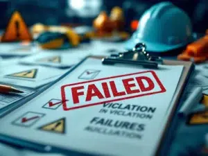 Veiligheidsinspecteur klembord met rode "GEFAALD" stempel, veiligheidsschendingen en waarschuwingssymbolen zichtbaar