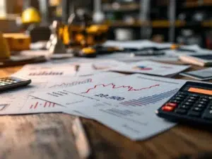 Kantoorbureau met veiligheidsdocumenten, kostenstijgingsgrafieken en smartphone met digitale leeroplossingen