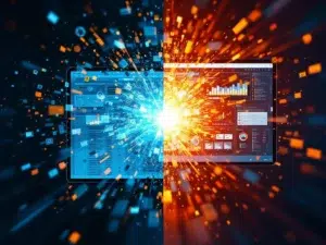 Splitscreen vergelijking van rommelige Excel-spreadsheet die oplost versus moderne digitale veiligheidsdashboards