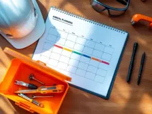 Jaarplanning kalender op bureau met veiligheidsuitrusting: helm, veiligheidsbril en oranje gereedschapskist