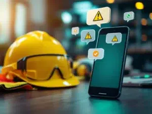 Smartphone met WhatsApp veiligheidsquiz op bureau met gele helm, veiligheidsbril en hesje op de achtergrond