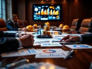 Bestuurskamer met veiligheidsrapporten, grafieken op tablets en wandscherm, handen wijzen naar veiligheidsstatistieken