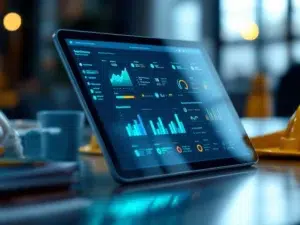 Tablet met veiligheidssoftware-interface en kleurrijke dashboards naast veiligheidshelm op werkplek