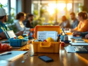 Medewerkers in vergaderruimte met kleurrijke gereedschapskisten, veiligheidsuitrusting en smartphones op houten tafel