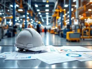 Witte veiligheidshelm op industriële werktafel met veiligheidsdocumentatie en fabrieksachtergrond met waarschuwingsborden