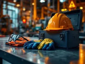 Industriële veiligheidsuitrusting op werkbank: helm, bril, hesje en handschoenen rond gereedschapskist in werkplaats