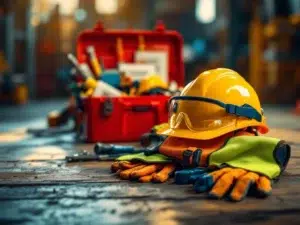 Bouwplaats werkbank met gele veiligheidshelm, veiligheidsbril, hesje en handschoenen naast open rode gereedschapskist