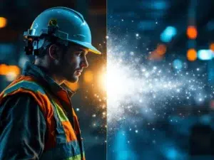 Bouwvakker veiligheidshelm en vest die oplossen in digitale deeltjes, symboliseert vergeten veiligheidskennis en e-learning