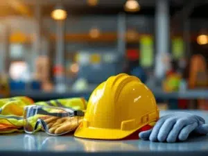 Gele veiligheidshelm met reflecterende vesten, veiligheidsbrillen en werkhandschoenen op industriële werkbank