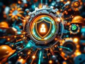 Gouden veiligheidshelmen en digitale beveiligingspictogrammen rond een gloeiend schildsymbool in moderne bedrijfsomgeving