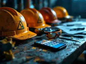 Smartphone met WhatsApp-interface naast veiligheidsuitrusting op werkbank, met helmen en waarschuwingsborden