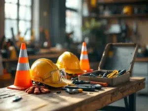 Werkplaats met veiligheidsuitrusting op houten tafel: helmen, brillen, handschoenen en gereedschapskist in natuurlijk licht