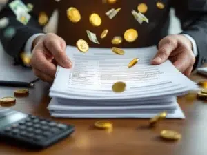 Handen houden professionele vertaaldocumenten vast met gouden munten en eurobiljetten op houten bureau