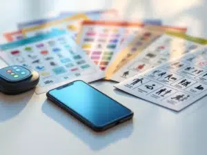 Diverse communicatiehulpmiddelen inclusief smartphone met vertaal-app, pictogramkaarten en symboolgrafieken op wit oppervlak