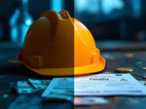 Bouwhelm en veiligheidsvest tegenover boetedocumenten en eurobiljetten, contrast tussen veiligheid en financiële gevolgen