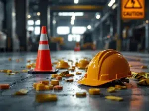 Bouwvakkerhelm en veiligheidsuitrusting verspreid op betonvloer naast oranje verkeerskegel en afzetlint op werkplek