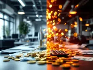 Kantooromgeving voor en na werkplek ongeval met dramatische rode waarschuwingslichten en zwevende euro's die financiële impact tonen