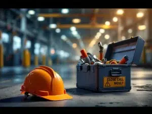 Gevallen bouwhelm naast open gereedschapskist met verspreide veiligheidsuitrusting op industriële werkplek