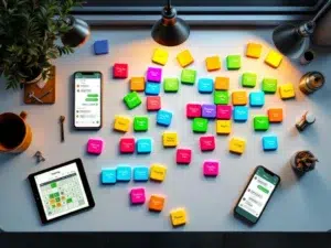 Moderne werkplanning bord met gekleurde magneten, smartphones met WhatsApp training berichten en digitale kalender
