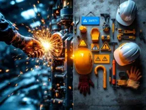 Bouwvakker reikt naar gevaarlijke machines met vonken tegenover veiligheidsuitrusting zoals helmen en handschoenen