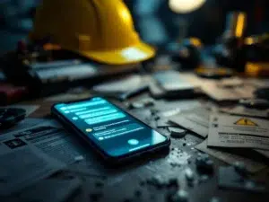 Smartphone met WhatsApp veiligheidswaarschuwingen op rommelig kantoorbureau naast bouwhelm en veiligheidsvest